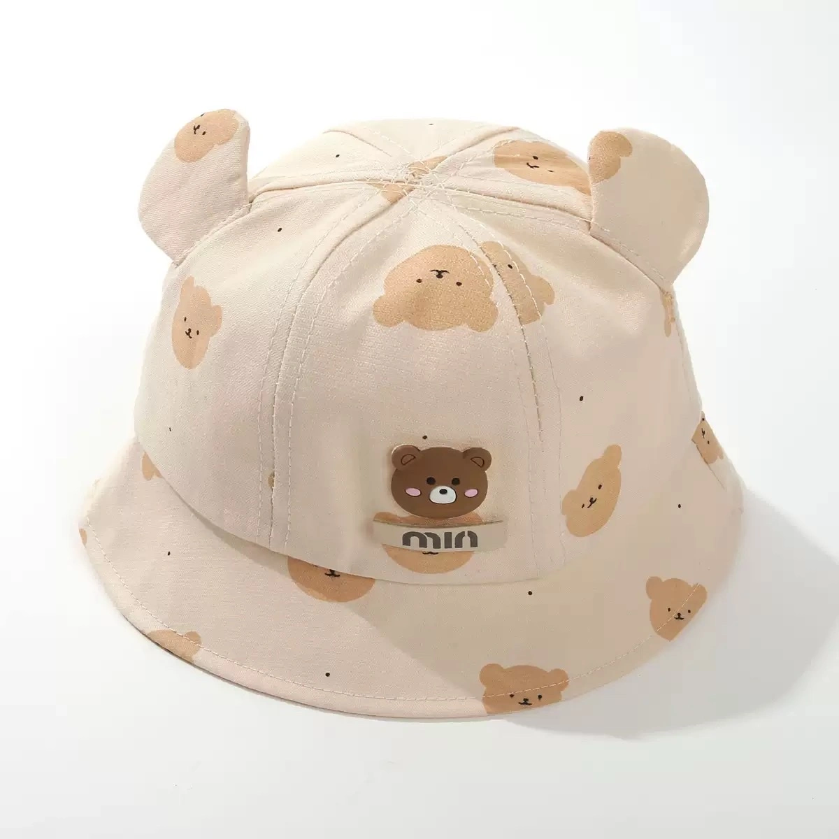 Beige bear-patterned children's fisherman's hat, breathable and sun-protective baby sun visor detail image 1