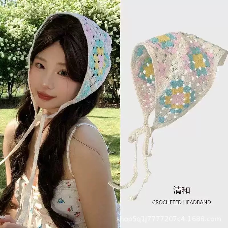 Fashionable knitted crocheted and hollowed-out triangular scarf, sweet and cute girl style, floral headscarf and hair band, trendy girl style