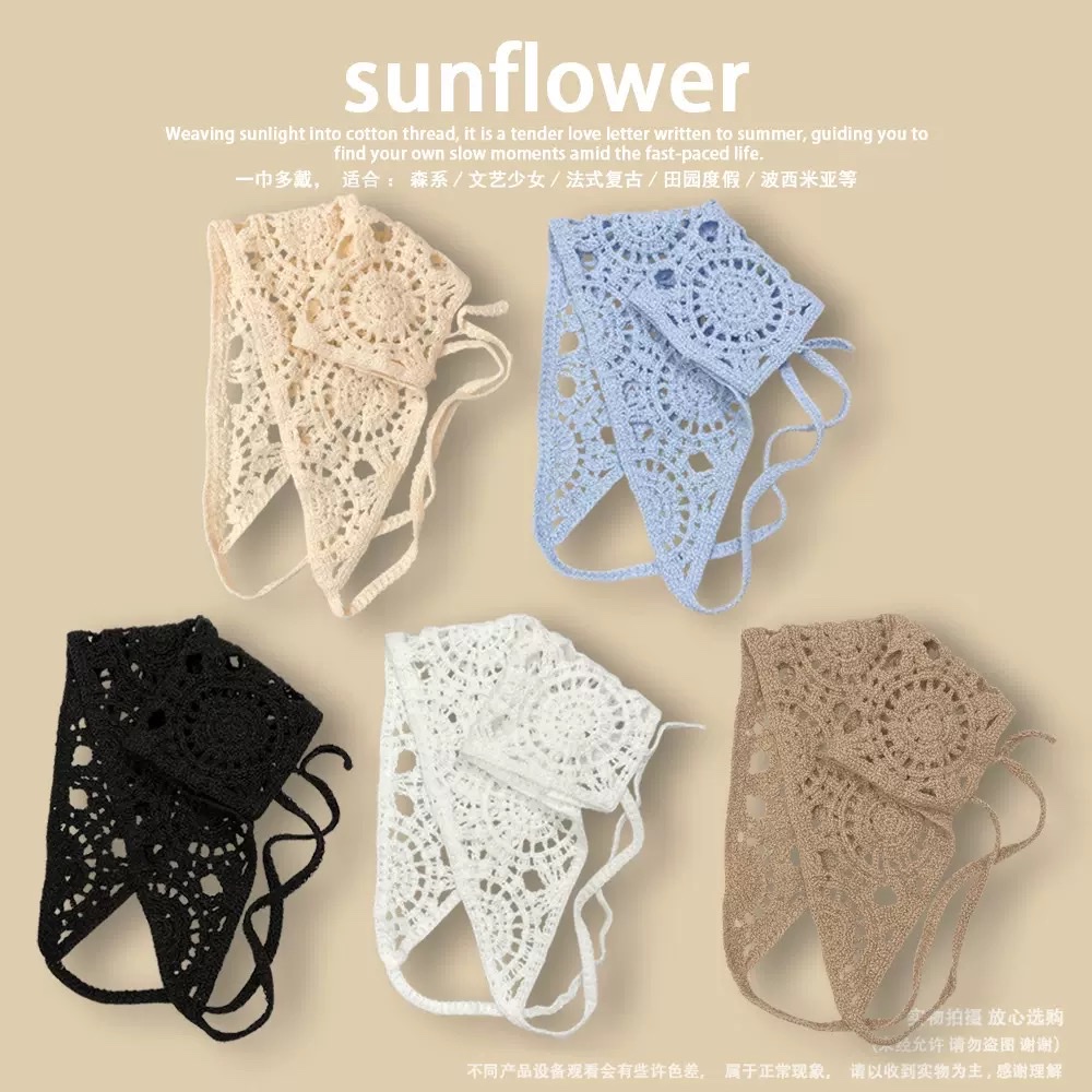 Fashionable knitted crocheted and hollowed-out triangular scarf, sweet and cute girl style, floral headscarf and hair band, trendy girl style details Picture