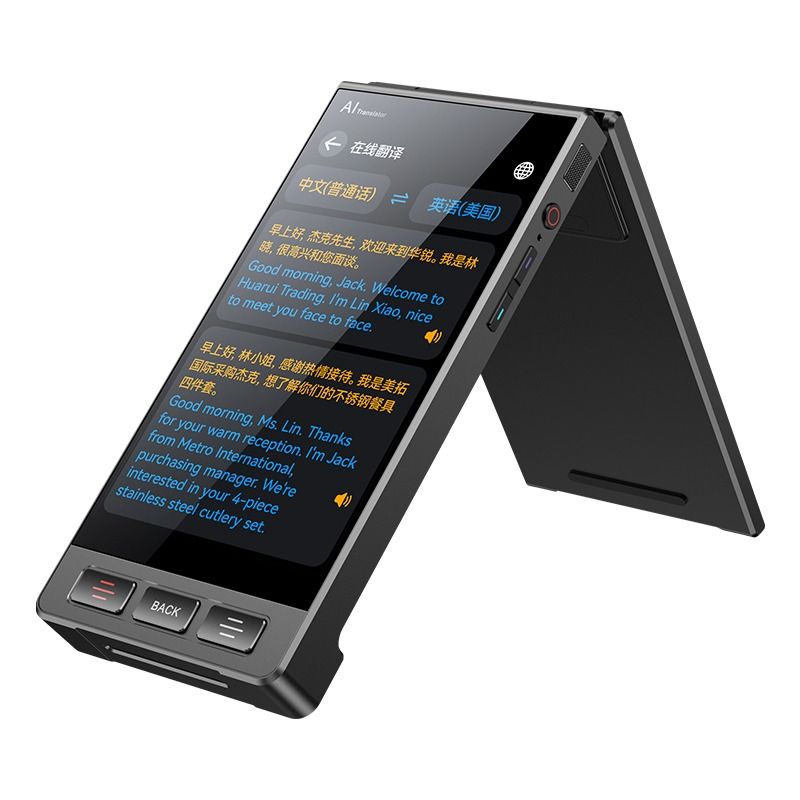 The M90Pro dual-screen A-L intelligent translator is A portable multi-language real-time translation device for simultaneous video chat translation in meeting rooms, suitable for WiFi Specification image