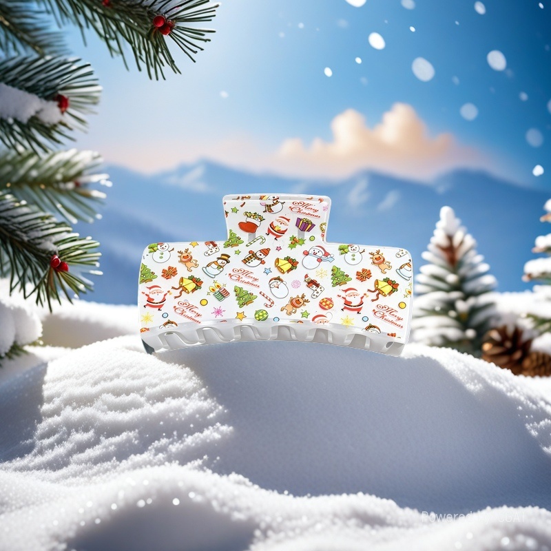 圣诞卡通印花鲨鱼夹 圣诞老人雪人麋鹿亚克力大号抓夹 秋冬节日氛围感盘发爪夹 发饰工厂现货混批
