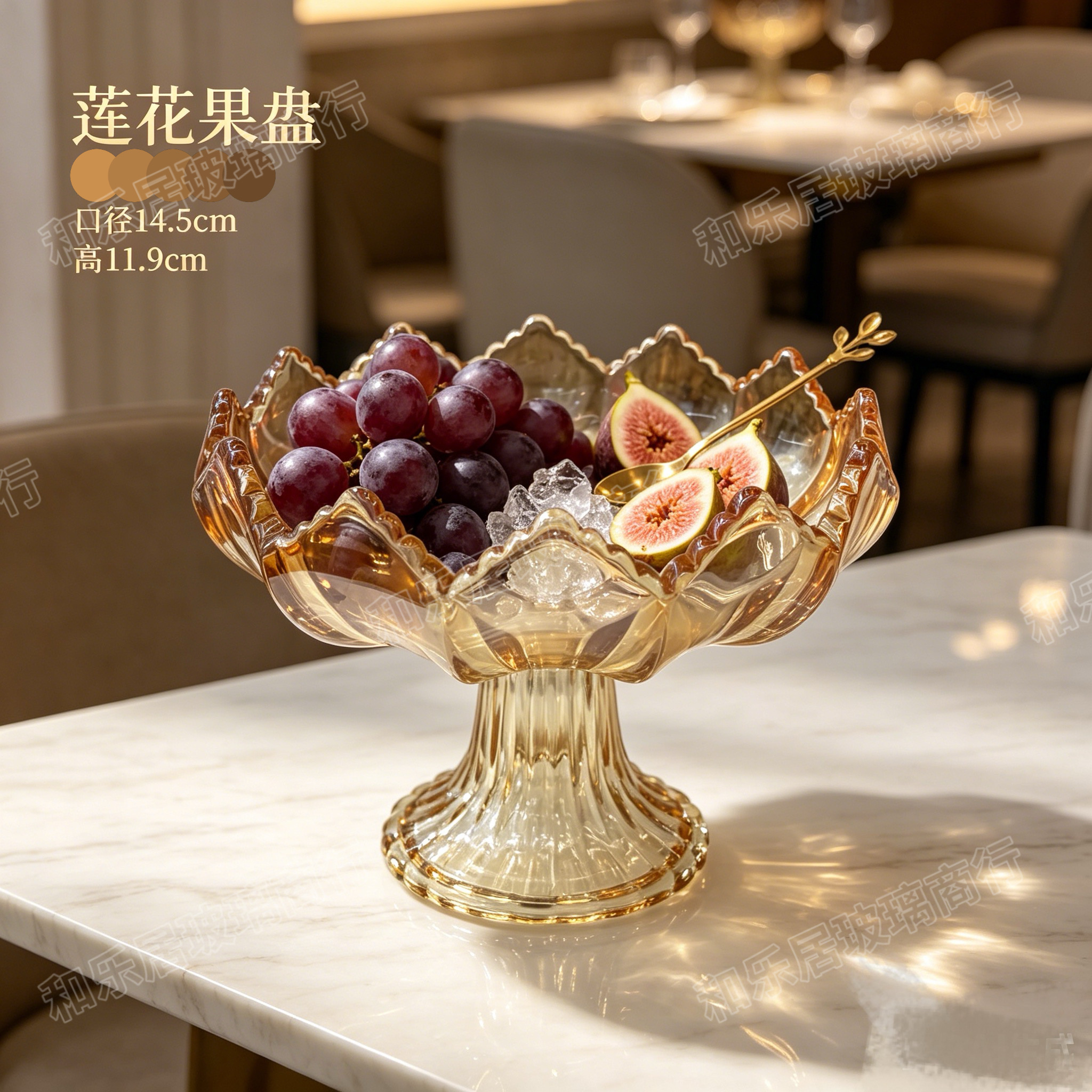 Champagne-colored glass lotus-shaped tall fruit platter in various sizes detail image 6