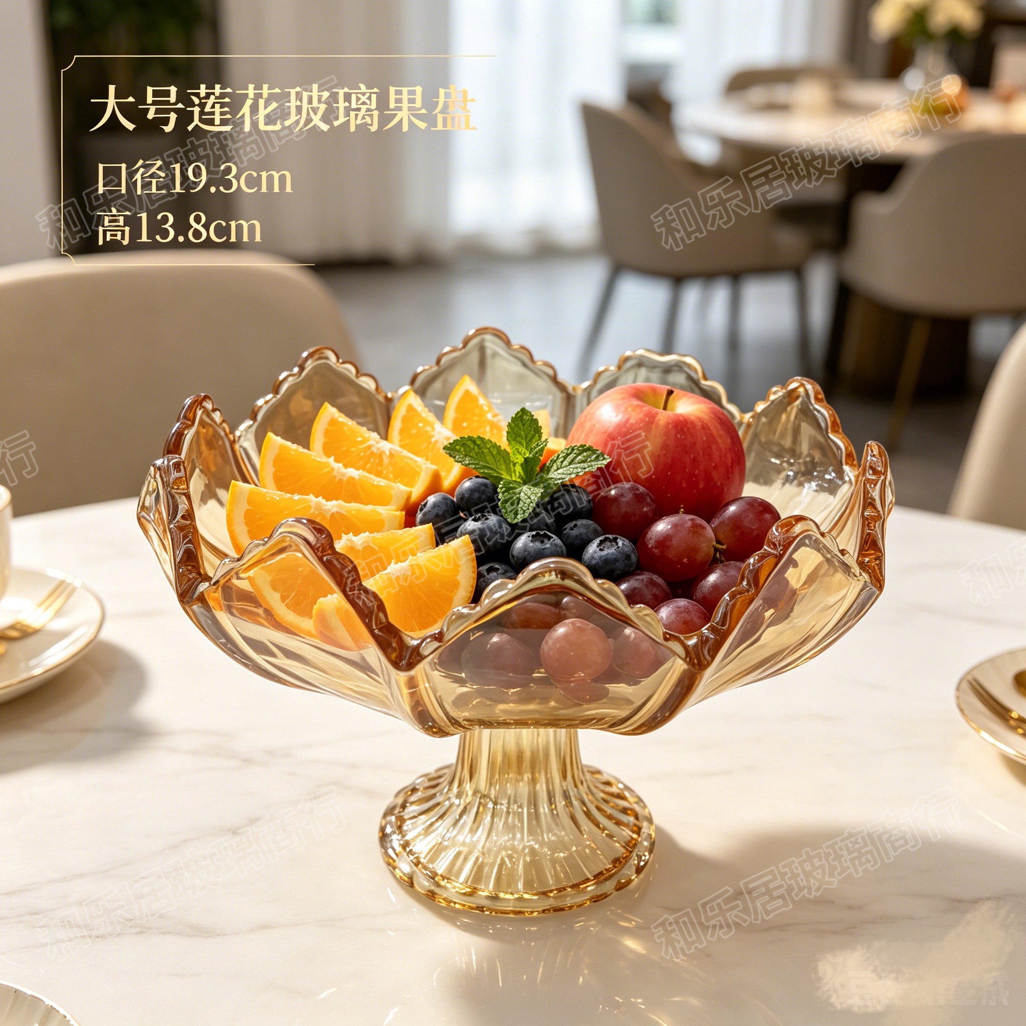 Champagne-colored glass lotus-shaped tall fruit platter in various sizes detail image 2