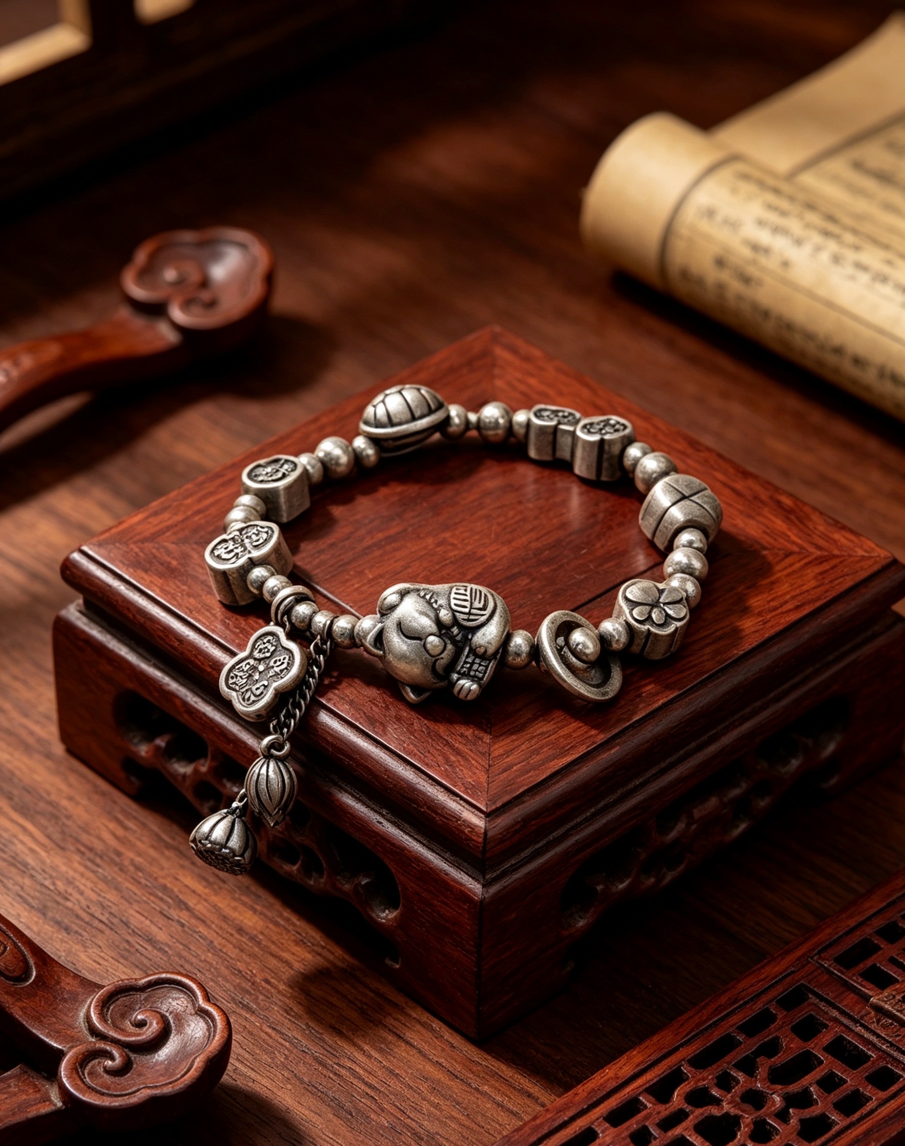 New Chinese-style ancient-style silver money cat bracelet, rich armor lotus pod Good Things happen, Ruyi Lock foot silver aged bracelet details Picture