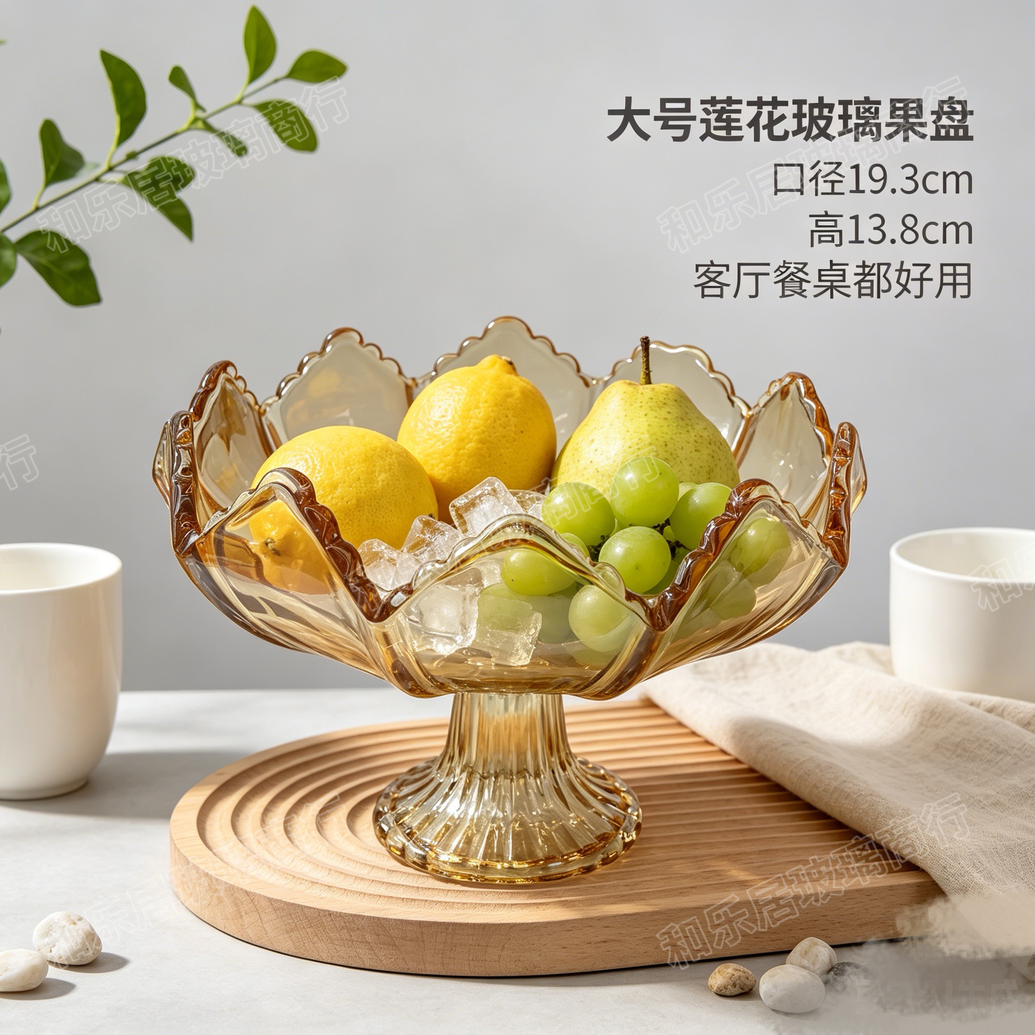 Champagne-colored glass lotus-shaped tall fruit platter in various sizes detail image 4