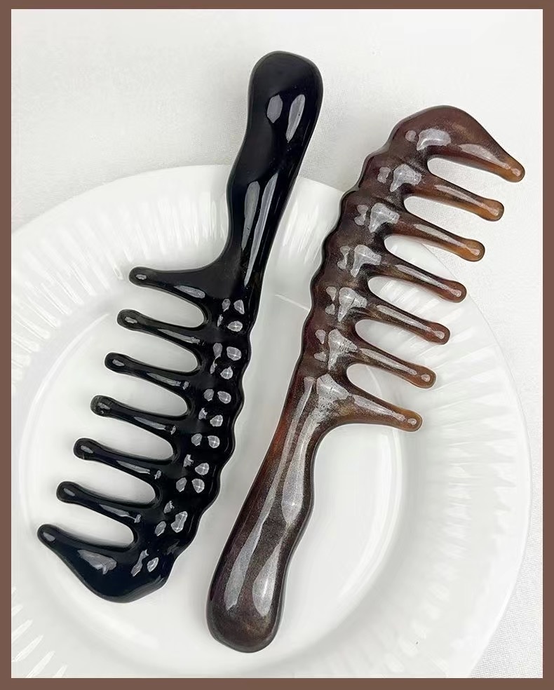 Zhengji Black Coffee-colored resin hair massage wavy wide-toothed comb, straight and curly hair comb, acupoint massage, relaxing scalp and stress-relieving magic tool F detail image 3