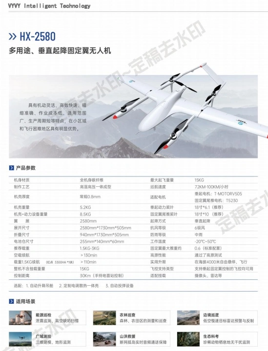 Multi-purpose vertical take-off and landing fixed-wing unmanned aerial vehicles (UAVs) for energy inspection, agricultural and forestry patrol, border patrol, wide-area mapping, mountain flood rescue, and ecological scientific research detail image 2