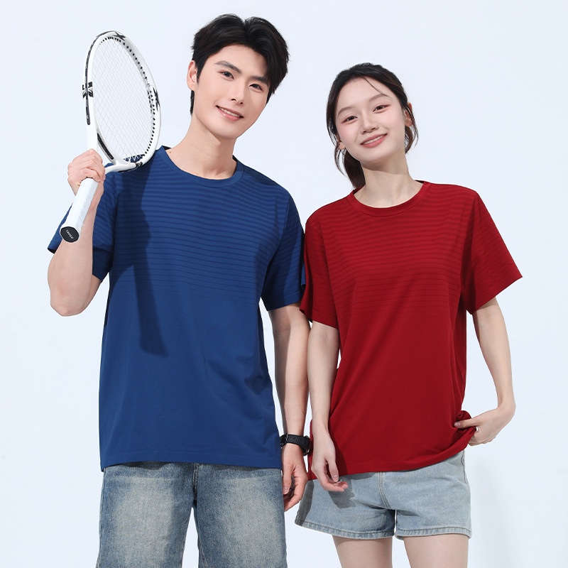 Men's and women's same style sports seamless striped short-sleeved quick-drying breathable sweat-wicking elastic fitness outdoor round-neck T-shirt 001 Application Scenario