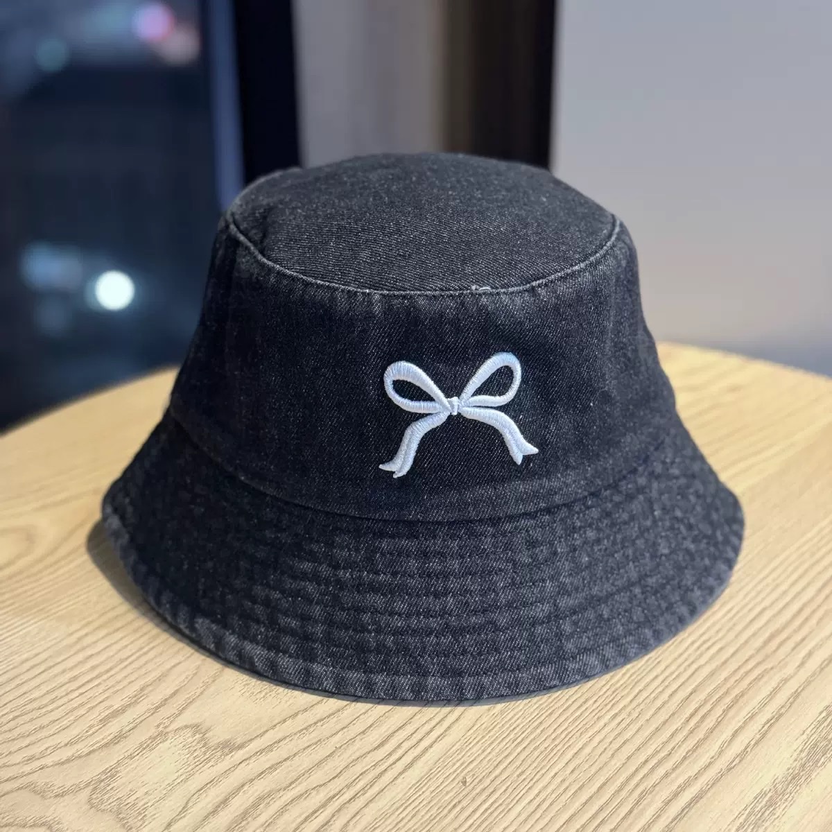 Black cowboy fisherman's hat with white bow embroidery on the front detail image 1