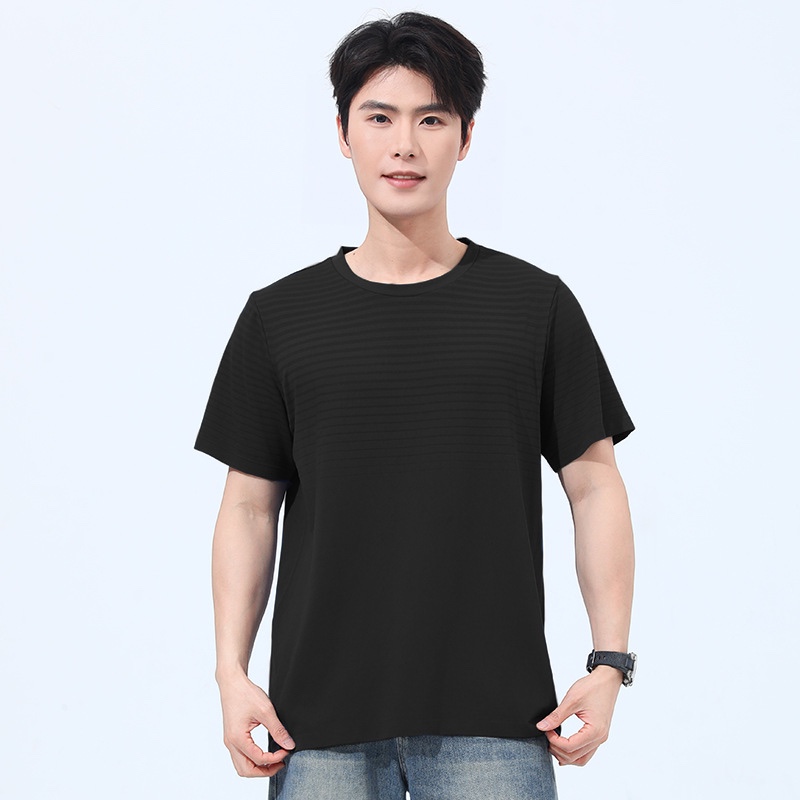 Men's and women's same style sports seamless striped short-sleeved quick-drying breathable sweat-wicking elastic fitness outdoor round-neck T-shirt 001 Specification image