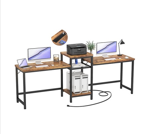 Assemble simple office desks; Double-seater desk with storage rack; Two-person desk at home details Picture