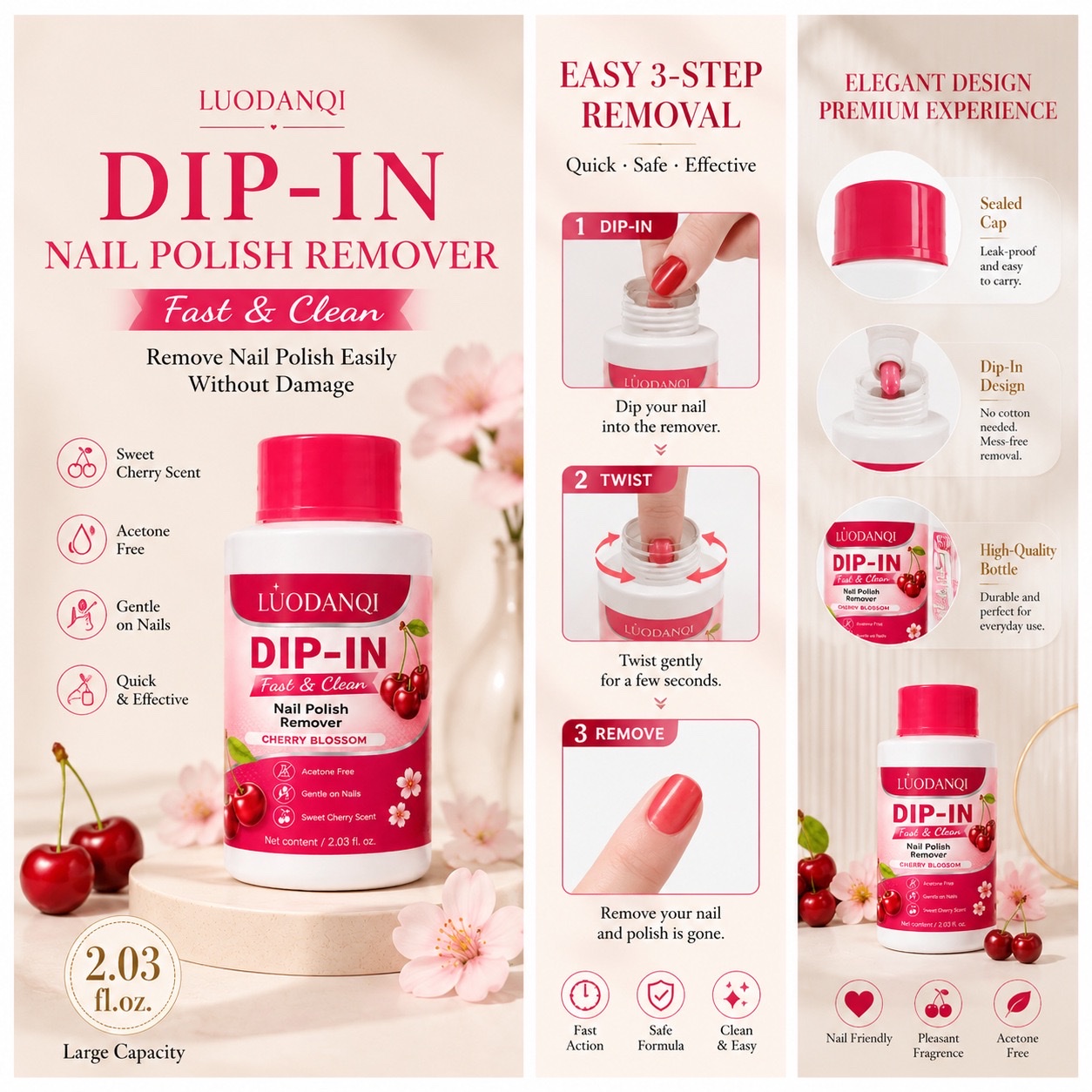 New type of nail polish remover with cherry blossom fragrance, quick nail polish removal, free hands. Sponge tank, exclusive for foreign trade. New product now available details Picture