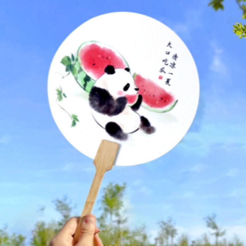 团扇夏日西瓜中国风国潮宣纸扇子夏季旅游纪念品拍照道具竹柄圆扇