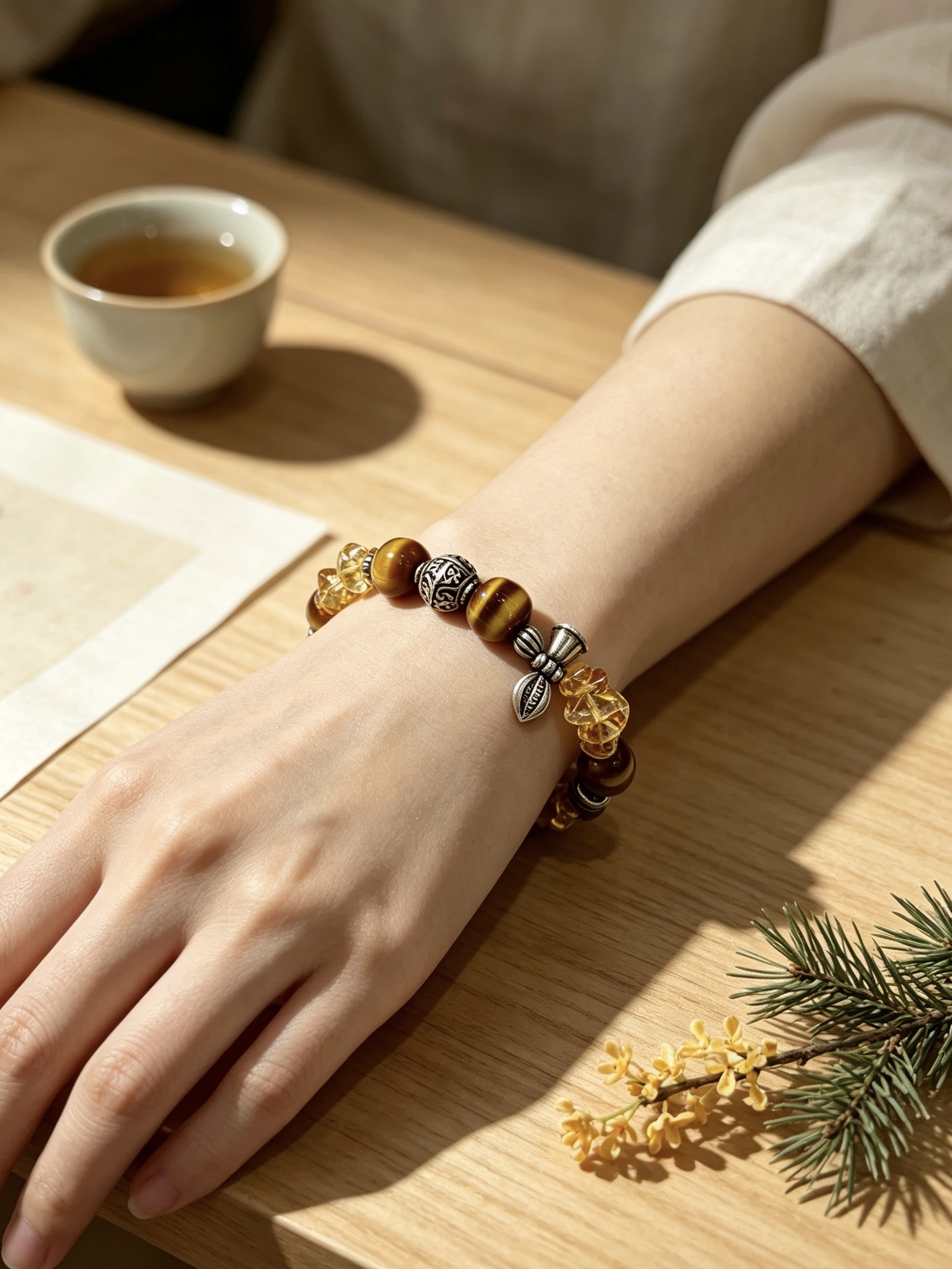 Golden Tiger's Eye yellow crystal vintage aged silver bracelet for attracting wealth and good fortune, new Chinese-style cultural and artistic bracelet for men and women, crystal bracelet, agarwood bracelet details Picture