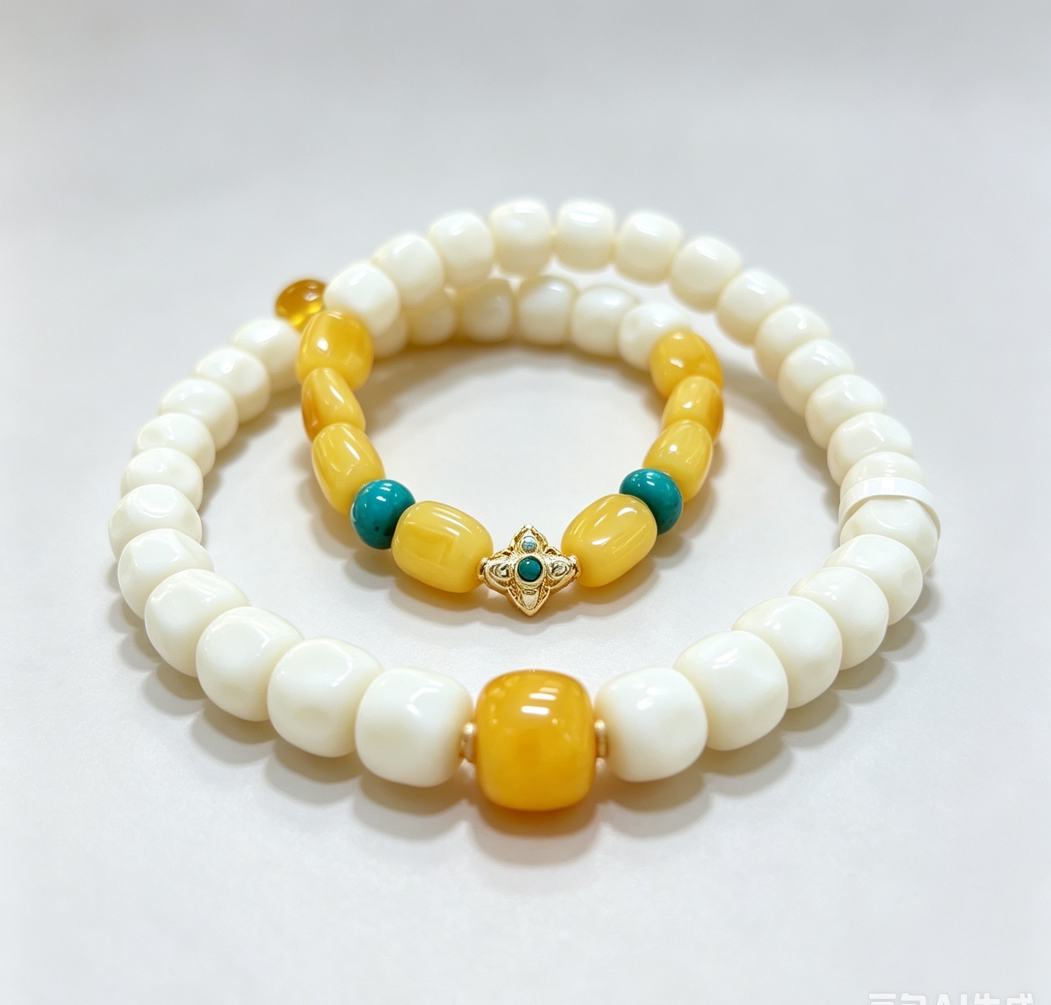 Oriental Warm and Zen-inspired double-ring bracelet: Milk white Bodhi × chicken oil yellow beeswax, a niche Chinese-style all-in-one bracelet detail image 3