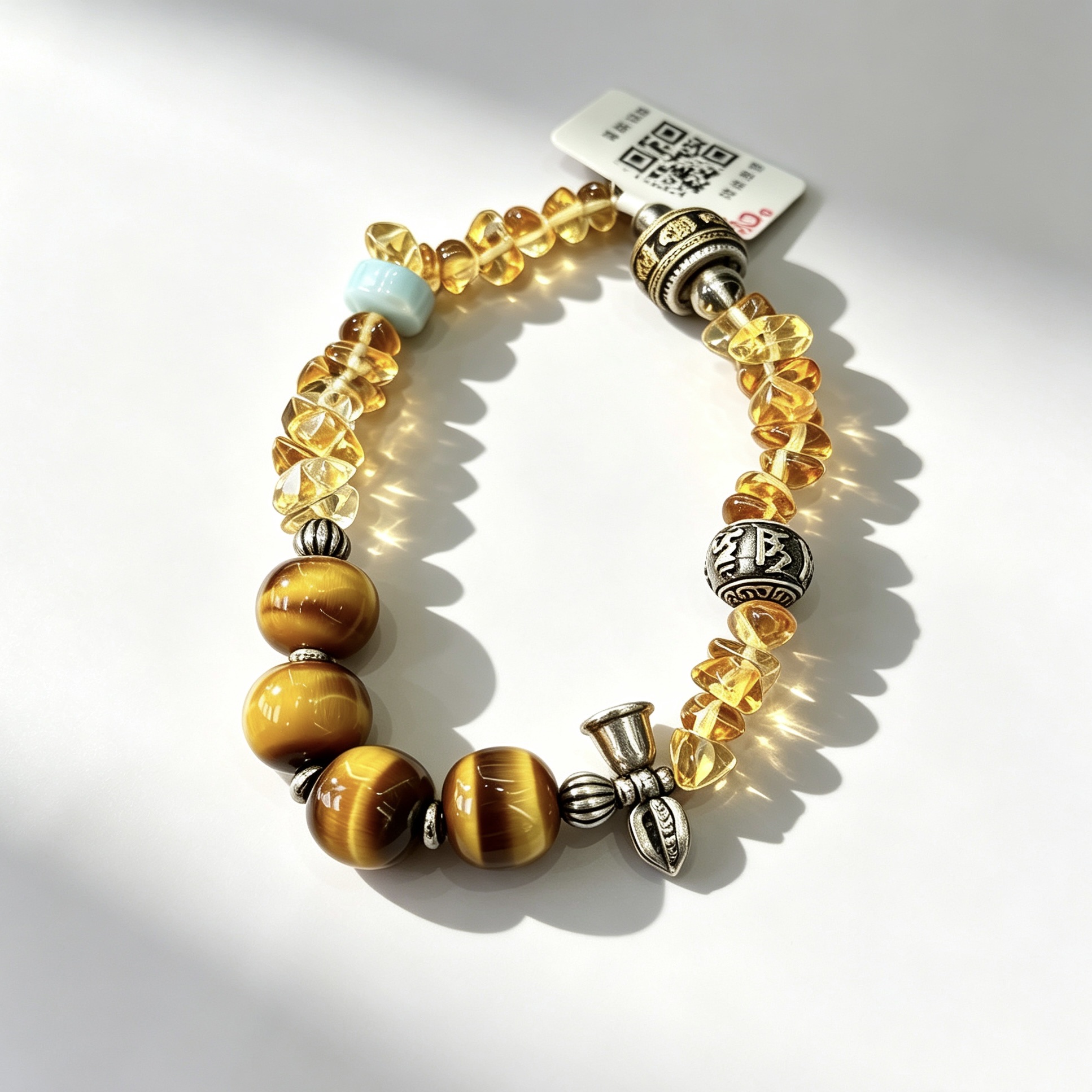 Golden Tiger's Eye yellow crystal vintage aged silver bracelet for attracting wealth and good fortune, new Chinese-style cultural and artistic bracelet for men and women, crystal bracelet, agarwood bracelet detail image 3