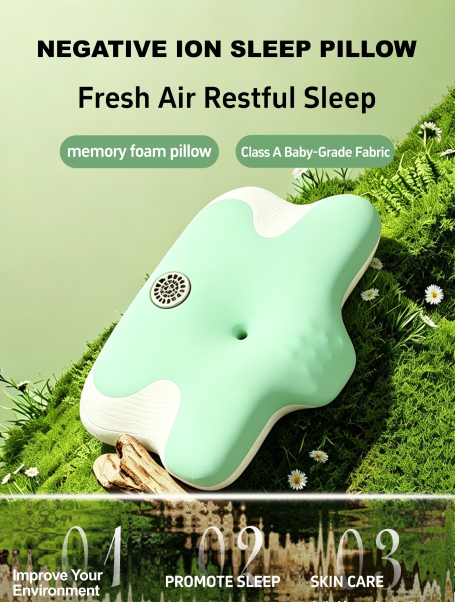 负氧离子舒眠枕｜打造林间清爽枕边空气
记忆棉承托枕芯，A类婴儿亲肤面料，黑／绿／蓝三色
内置蓝牙音响，睡前听歌听书，放松休憩氛围……详情图3