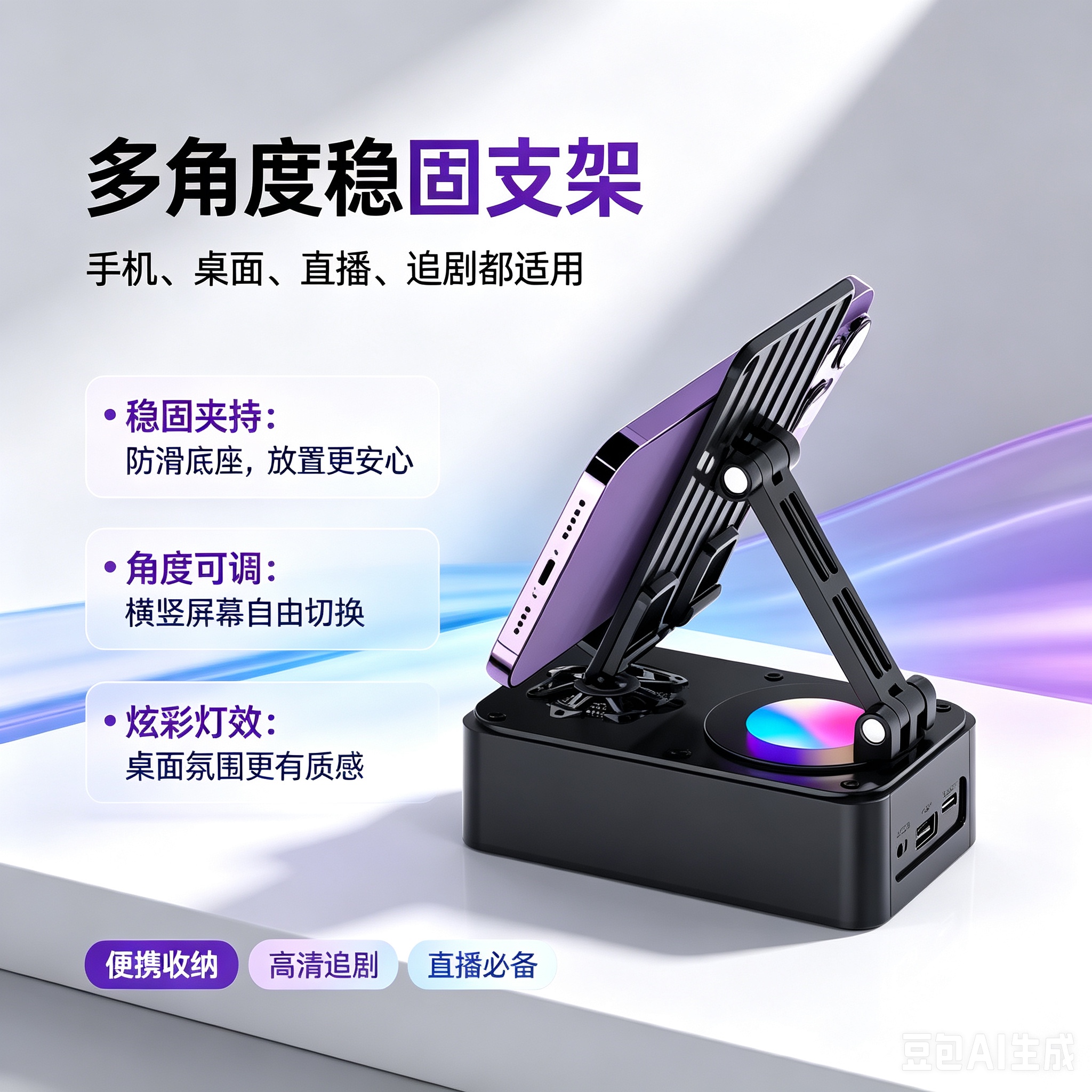 多功能手机支架,带炫彩氛围灯,桌面追剧直播神器~
稳固支撑,角度可调,横竖屏都能用,防滑底座,放着很安心。支持充电,边充边用不担心没电,操作简单,插上就能用。 details Picture
