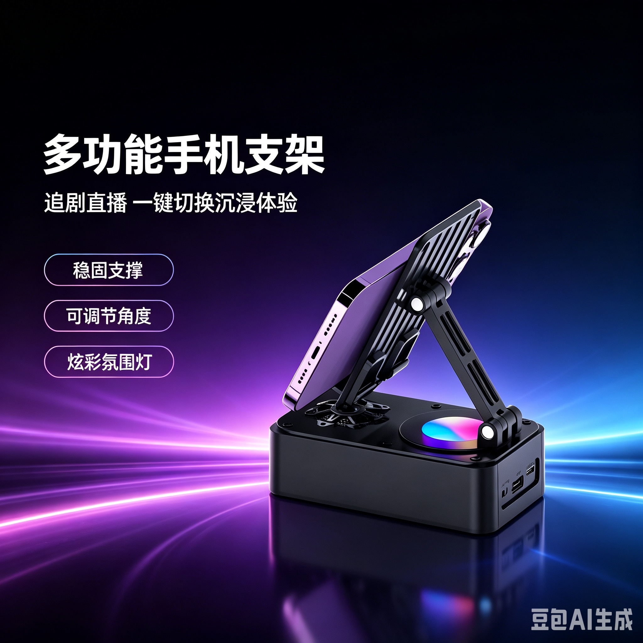 Multifunctional phone stand with dazzling ambient lights, a desktop TV series and live streaming wonder! Stable support, adjustable Angle, suitable for both landscape and portrait screens, anti-slip base, very reassuring to place. Supports charging while charging