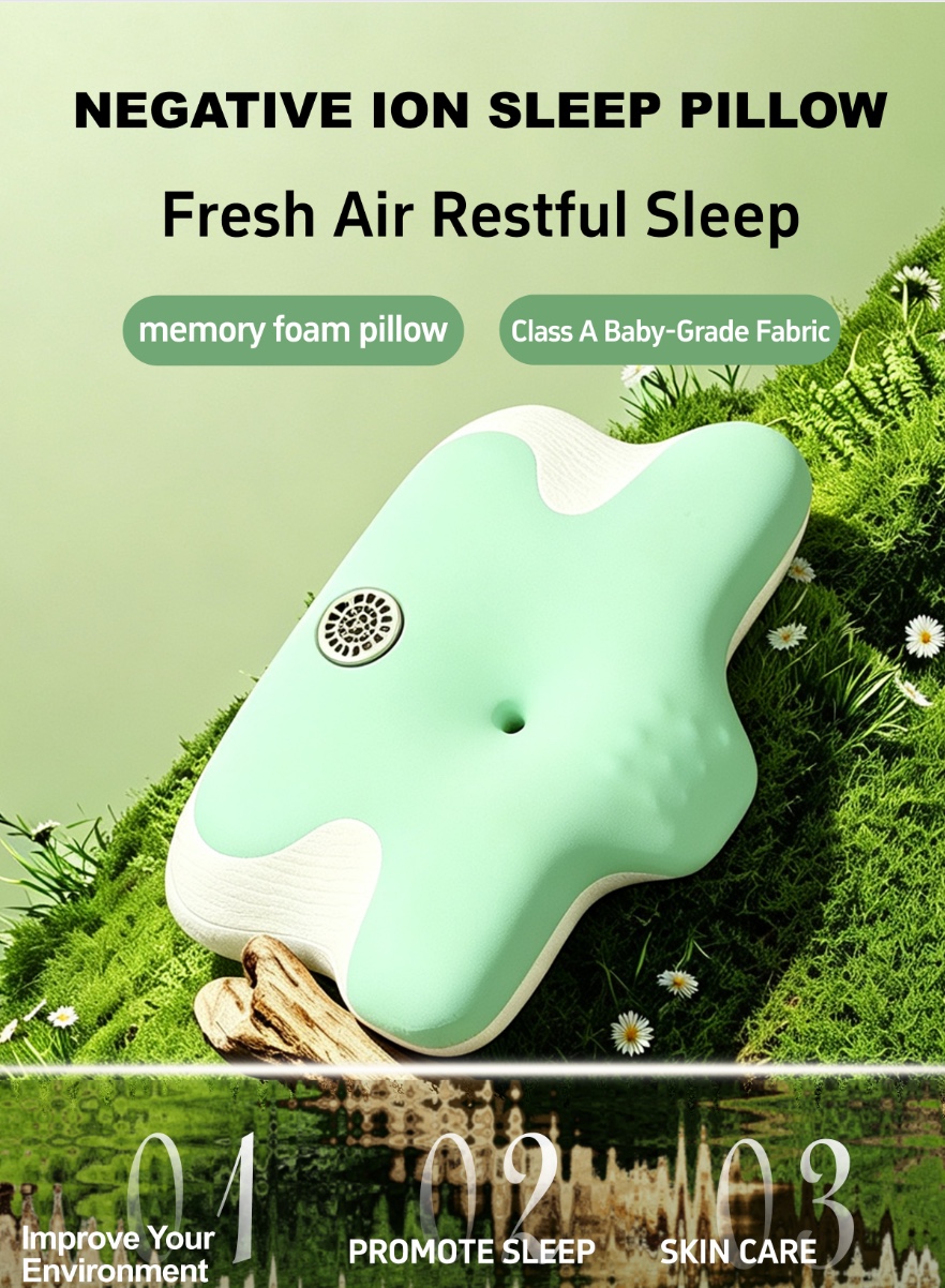 负氧离子舒眠枕｜打造林间清爽枕边空气
记忆棉承托枕芯，A类婴儿亲肤面料，黑／绿／蓝三色
内置蓝牙音响，睡前听歌听书，放松休憩氛围……细节图