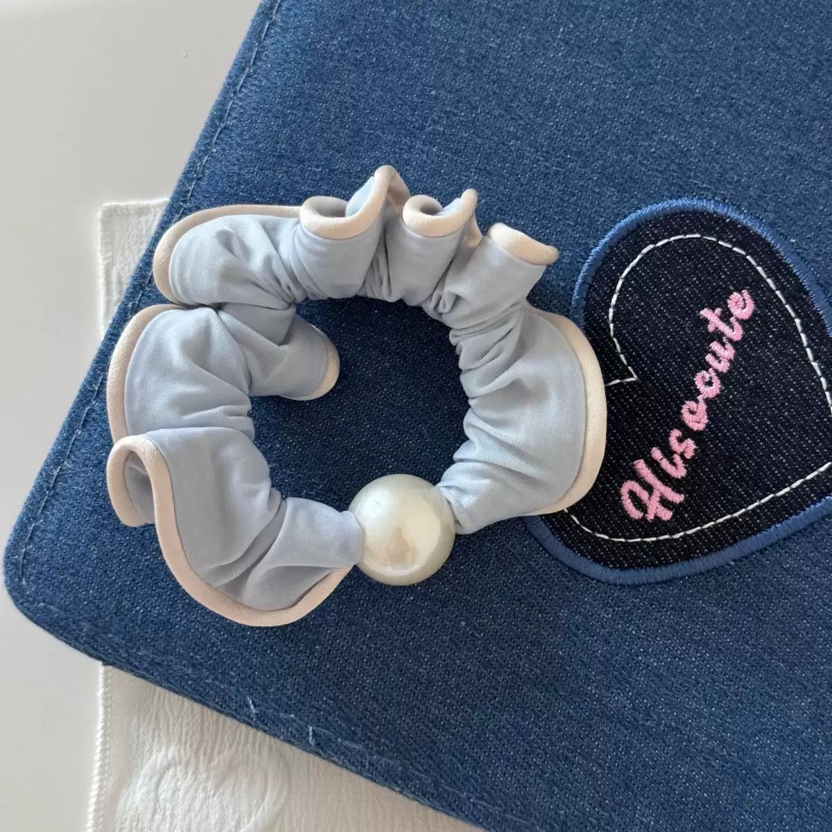 Creamy blue super soft pearl hair band, small intestine band, high-elasticity hair tie, basic leather band hair tie, simple and versatile headwear