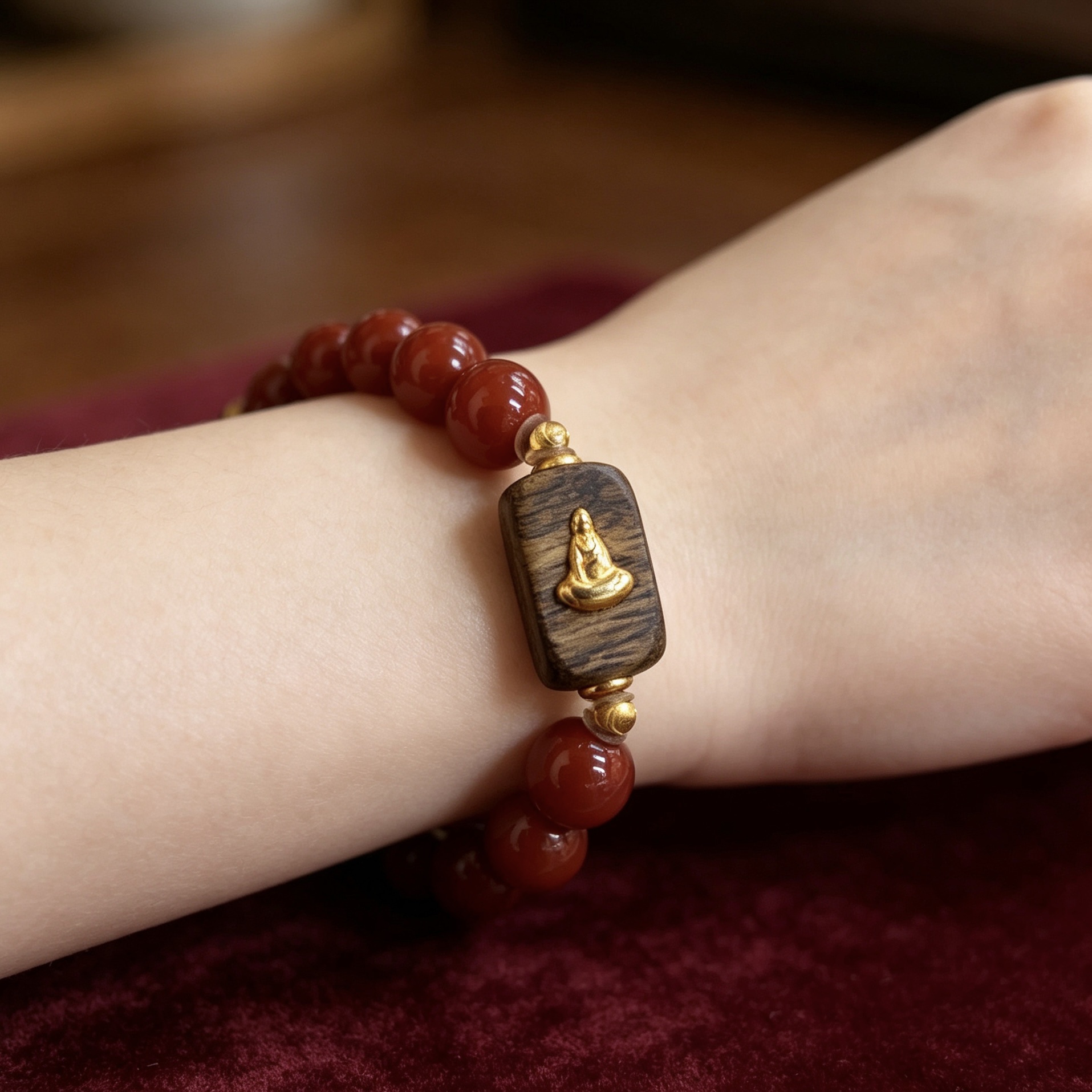 A new Chinese-style single-loop bracelet featuring Nan Hong round beads and agarwood inlaid with the Buddha of no form Specification image