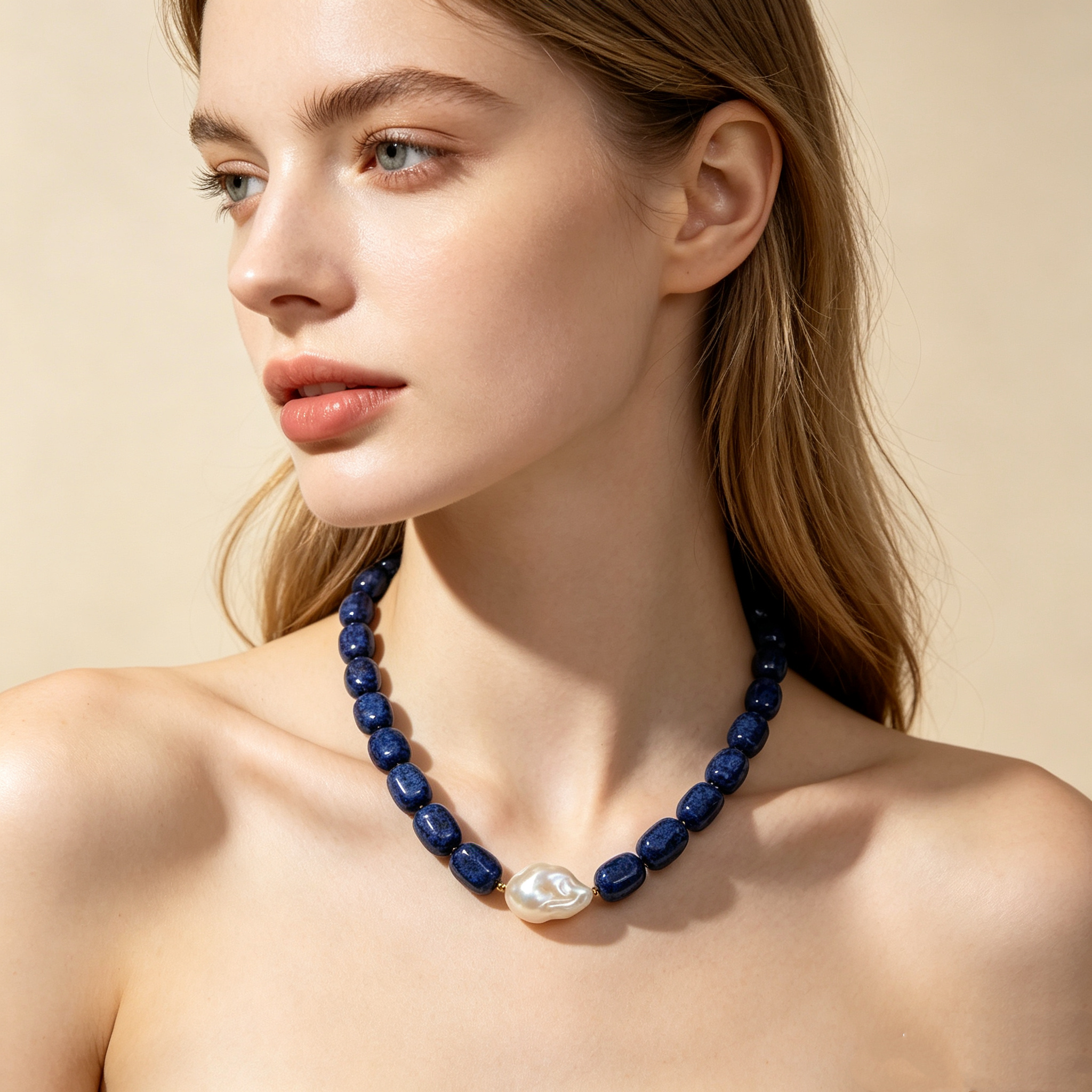 Gold ethnic-style women's short pendant necklace, natural lapis lazuli freshwater pearl
