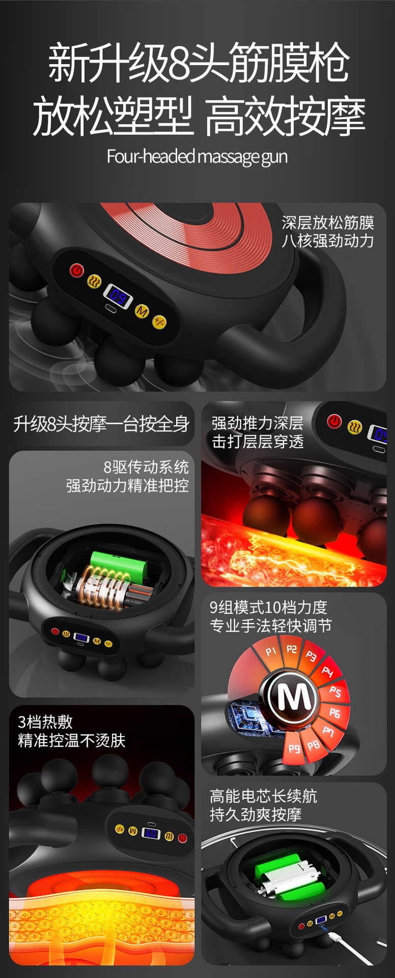 Eight-head heated fascia gun, muscle relaxation massager, multi-speed fascia instrument, multi-functional abdominal, shoulder and neck massage gun detail image 3