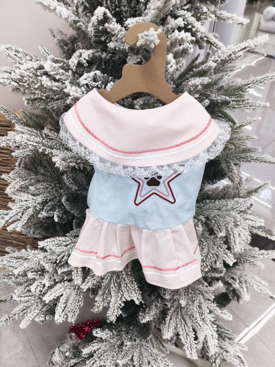 College feng shui hand-collar dog dress, summer thin lace pleated dress, small dog pet clothing Item Picture