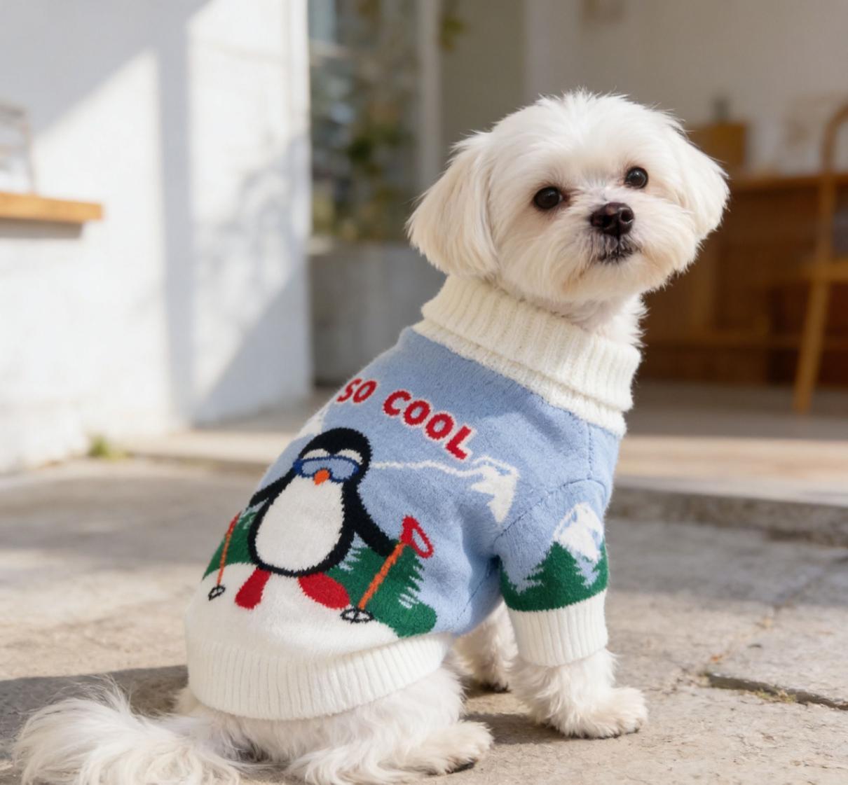 Cute white puppy, blue and white penguin pattern sweater, pet cat and dog clothing, comfortable and warm dog life jacket, pet clothing