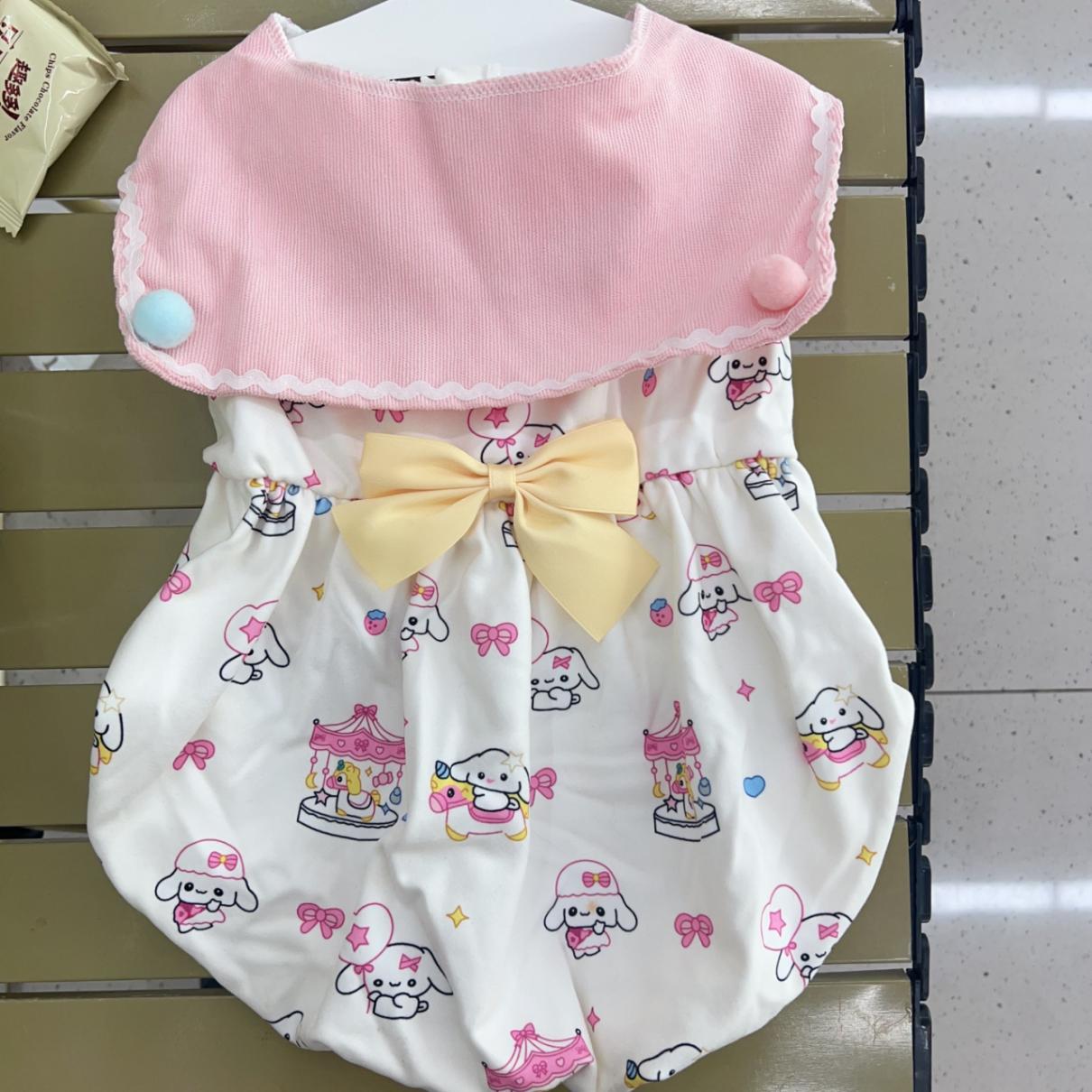Sweet Lolita pet princess dress, pink collar cartoon print bubble dress, large bow pom-pom, small dog Maltese, dog cat dress Item Picture