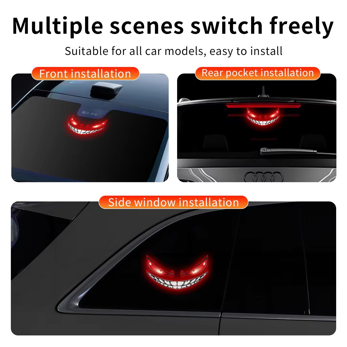 Solar-powered Devil's Eye led car ambient light, dynamic expression warning light for car rear Windows, cross-border new style Application Scenario