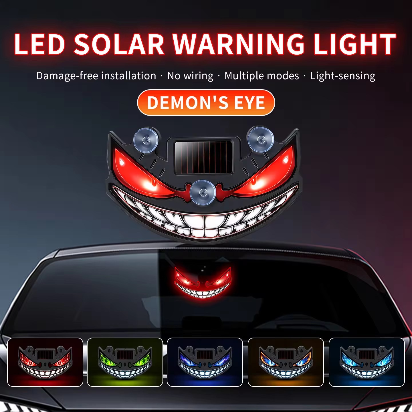 Solar-powered Devil's Eye led car ambient light, dynamic expression warning light for car rear Windows, cross-border new style detail image 1