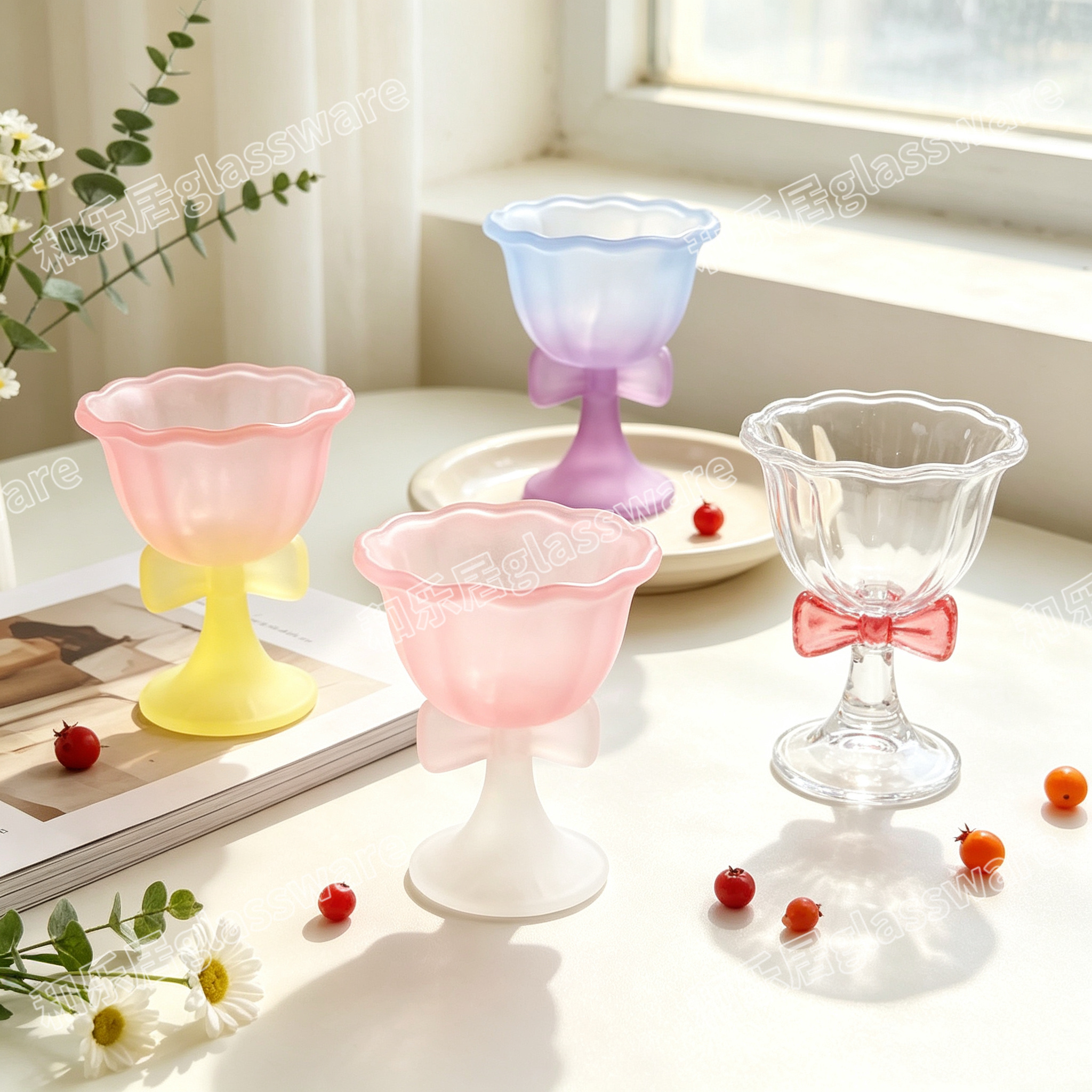 Bow-shaped high-footed glass dessert cup, high-appearance-level ice cream bowl, yogurt ice cream cup