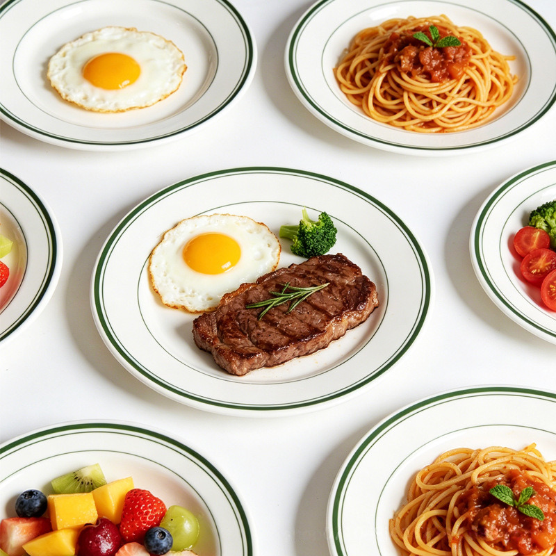 Vajilla creativa de metamina disco de plástico con bordes verdes para hotel western steak plate plato de pasta premium sense plate comercial details Picture