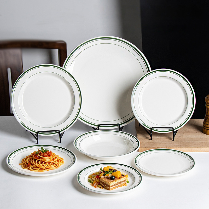 Vajilla creativa de metamina disco de plástico con bordes verdes para hotel western steak plate plato de pasta premium sense plate comercial Specification image