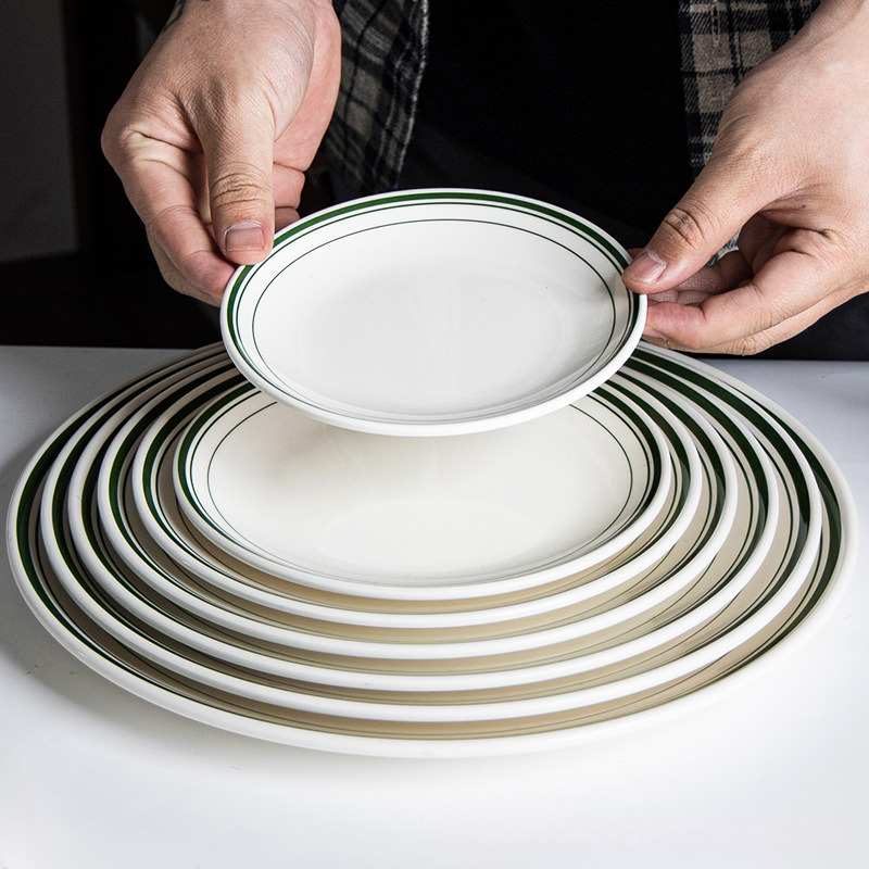 Vajilla creativa de metamina disco de plástico con bordes verdes para hotel western steak plate plato de pasta premium sense plate comercial Item Picture