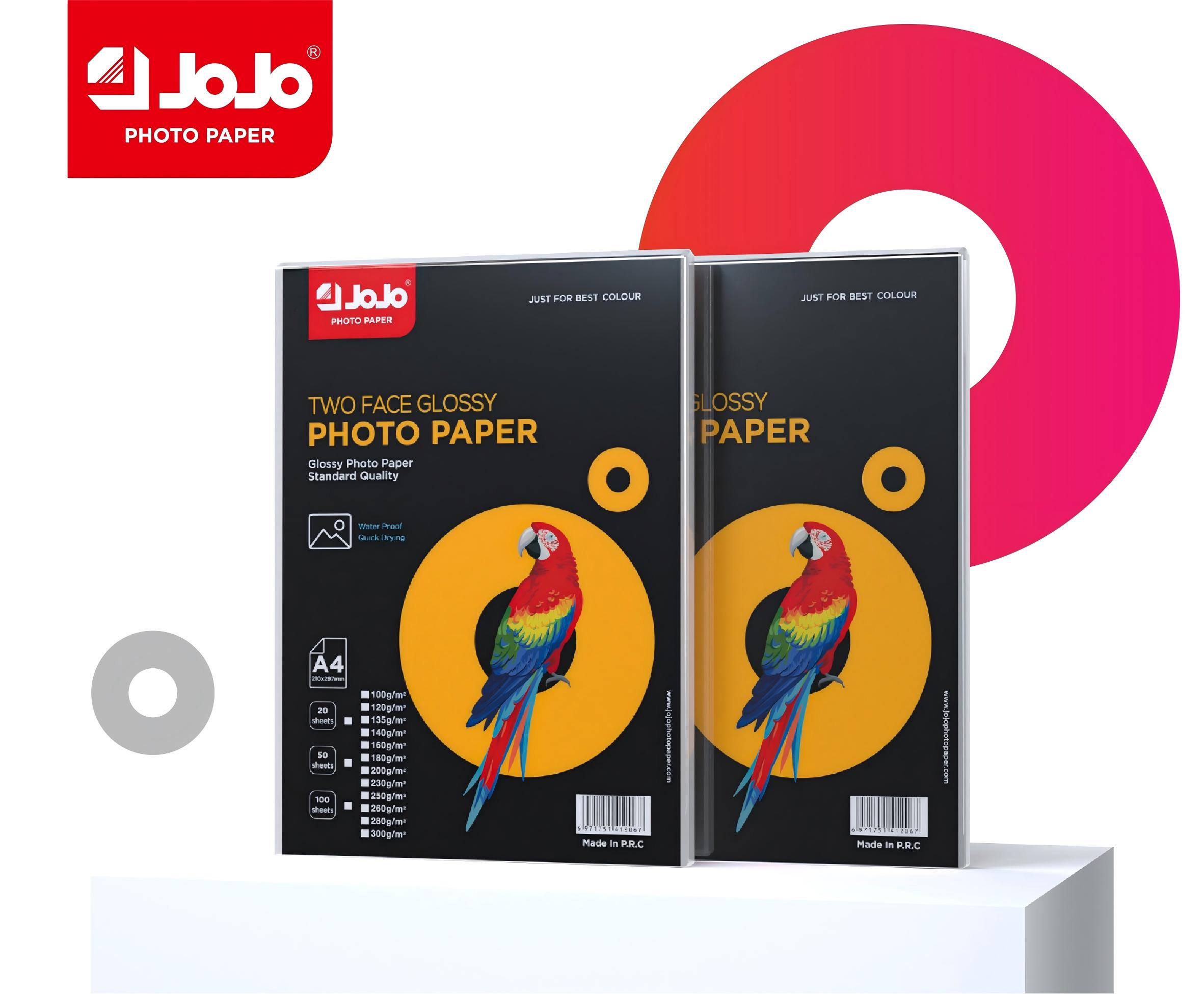 وتطبق طباعة Jojo على طباعة 50 صفحة من الورق المطبوع بحبر ملونة من طراز A4 على شكل غرامين من الورق المطبوع على الوجه المزدوج على طباعة الصور العائلية الحقيقية في مبنى الأفلام