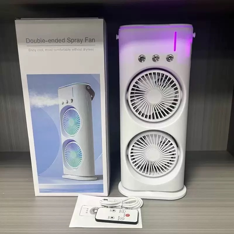Three-hole dual-head fan, home USB charging oscillating humidifying and cooling fan, office desktop spray fan details Picture