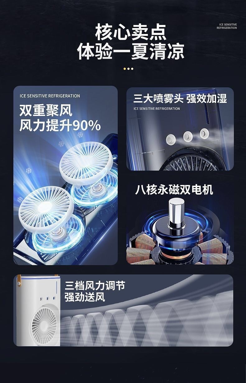Three-hole dual-head fan, home USB charging oscillating humidifying and cooling fan, office desktop spray fan detail image 5