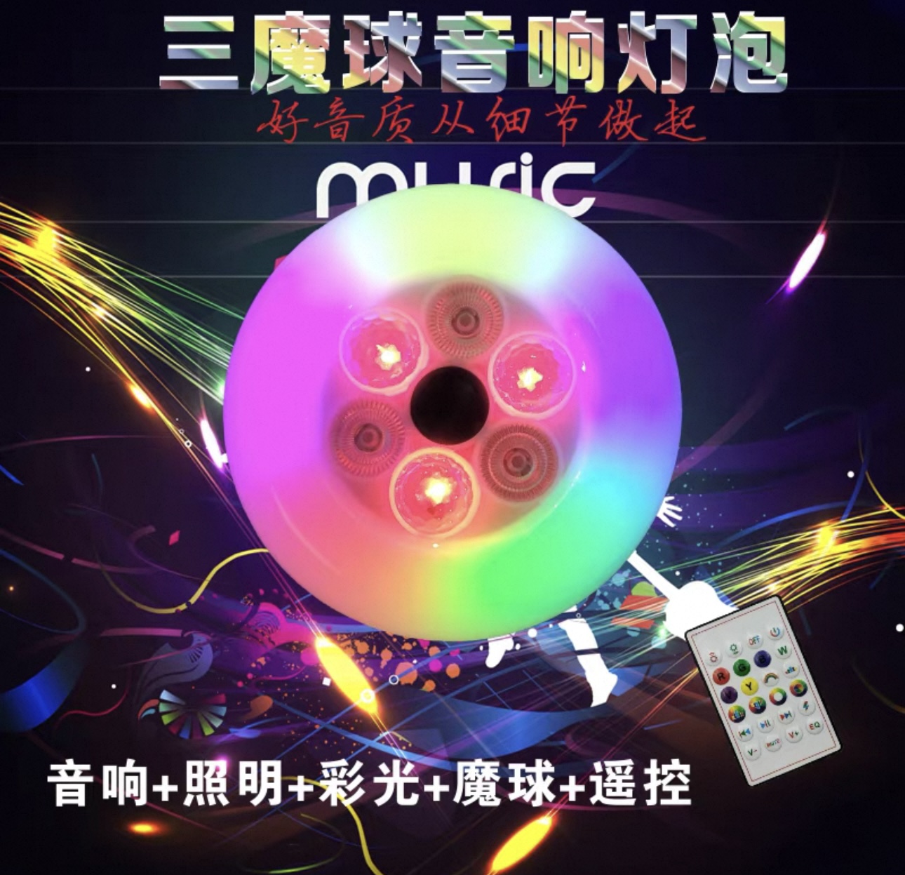 Bluetooth speaker, magic ball, UFO light, home bar, KTV, disco, Internet celebrity atmosphere, remote control, seven-color music bulb Item Picture