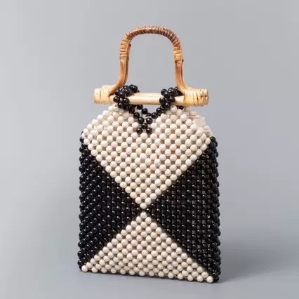 GCR color-blocking wood bead hand-woven bag, women's seaside vacation bamboo hollowed-out handbag