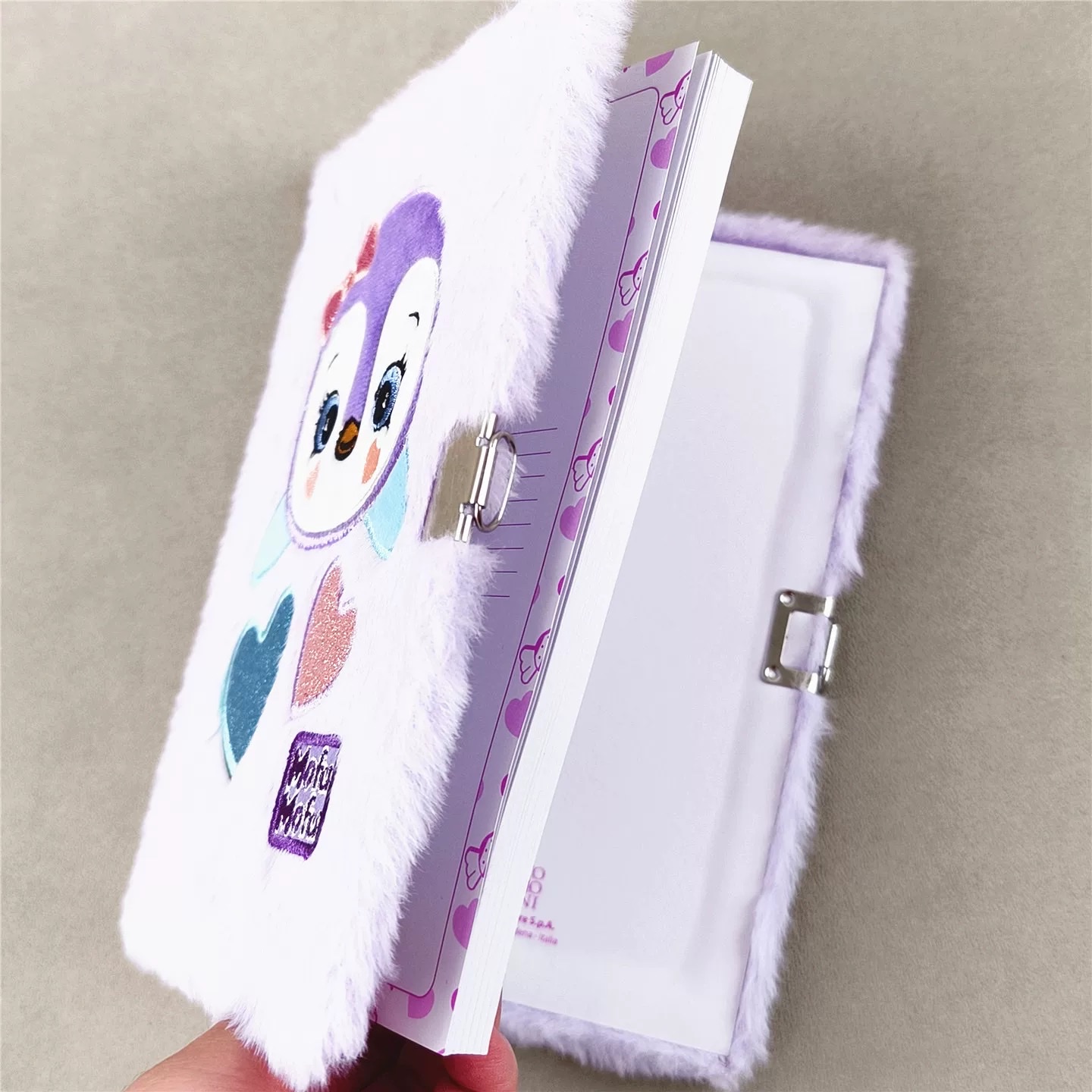 Export to South America locked plush notebook, A5 plush embroidered patch penguin color page locked diary notebook pic 4