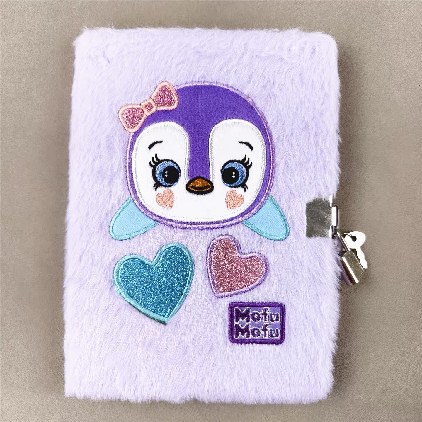 Export to South America locked plush notebook, A5 plush embroidered patch penguin color page locked diary notebook pic 2