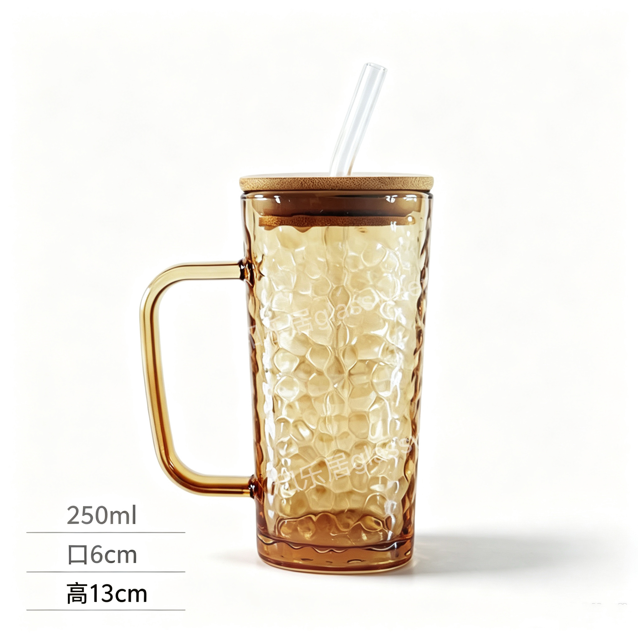 Square glass straw handle cup with plastic bamboo lid Item Picture