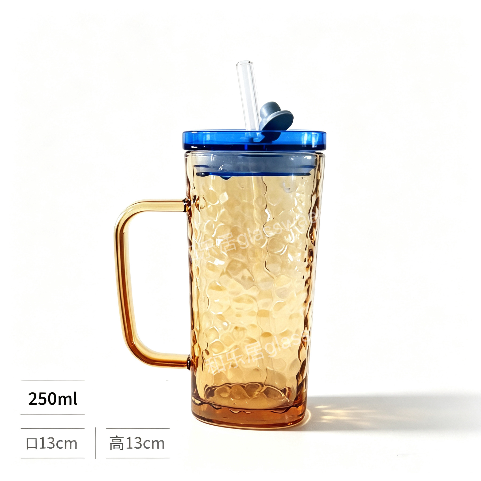 Square glass straw handle cup with plastic bamboo lid