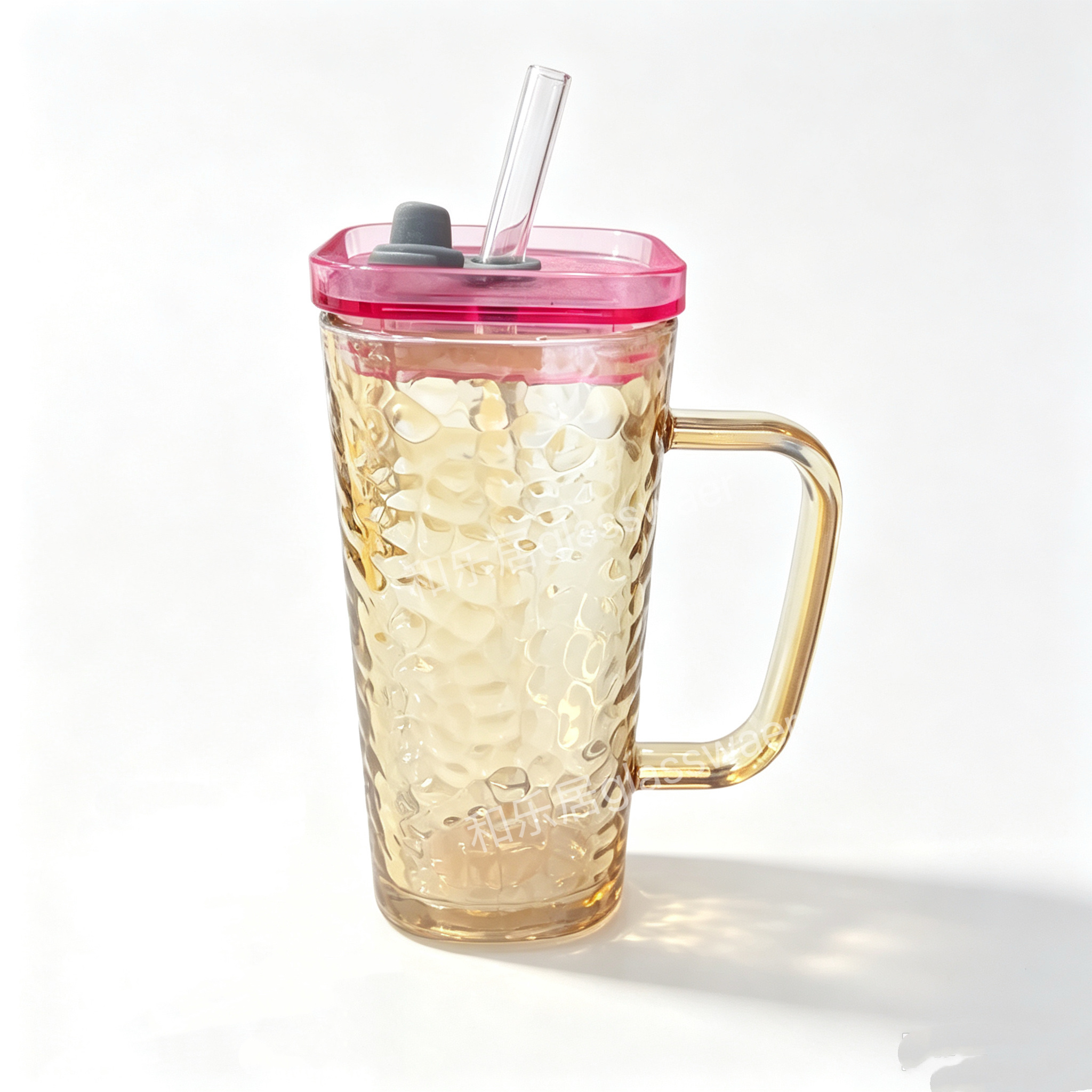Square glass straw handle cup with plastic bamboo lid detail image 2