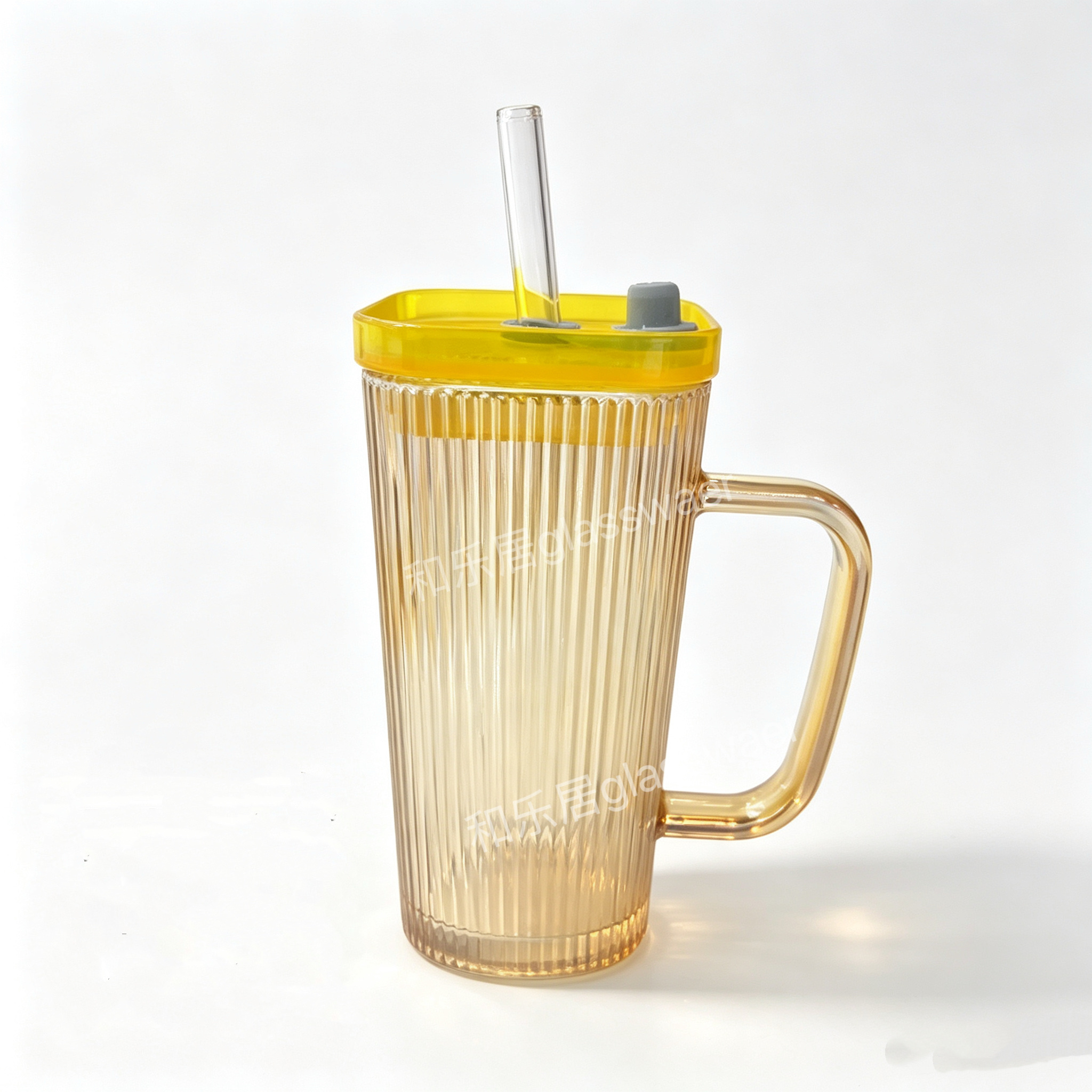 Square glass straw handle cup with plastic bamboo lid Specification image