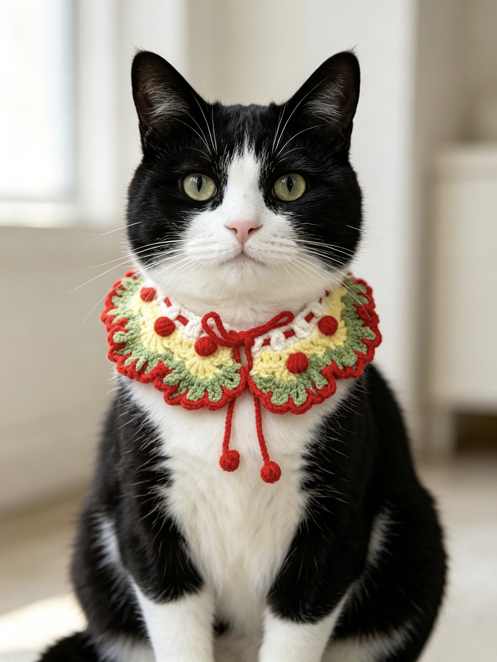 Crochet hecho a mano navidad viento pet collar rojo amarillo verde bola bobo gatito cuello gato perro decorativo collar DIY lana material bolsa details Picture