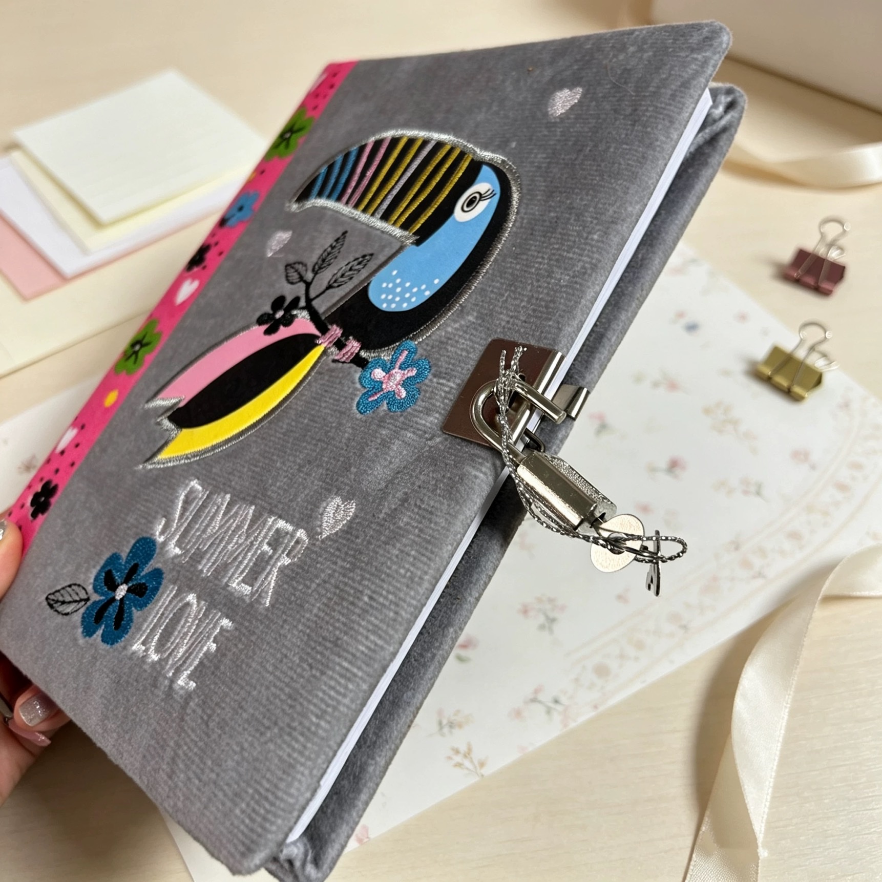 This 5mm line spacing notebook made of fabric for foreign trade with locks and horizontal lines is a cute cartoon diary and notepad for students details Picture